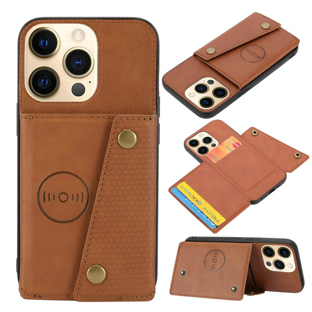 Double Buckle PU + TPU Shockproof Magnetic Protective Case with Card Slot & Holder - iPhone 13 Pro(Light Brown)