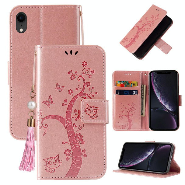 Embossed Lucky Tree Horizontal Flip Leatherette Case with Holder & Card Slot & Wallet & Lanyard - iPhone XR(Rose Gold)