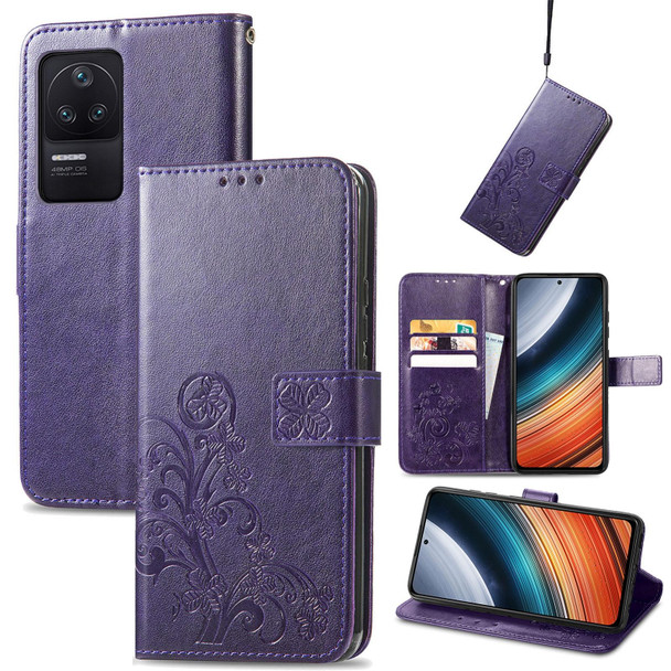 Xiaomi Redmi K40S Four-leaf Clasp Embossed Buckle Leather Phone Case(Purple)