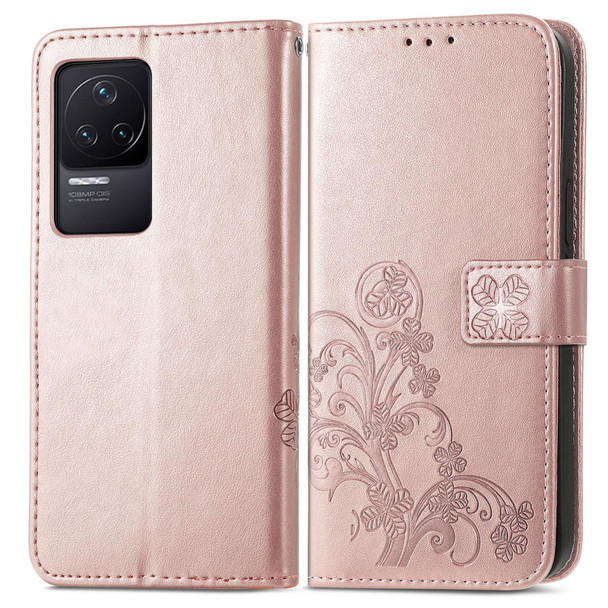 Xiaomi Redmi K50 Pro Four-leaf Clasp Embossed Buckle Leather Phone Case(Rose Gold)