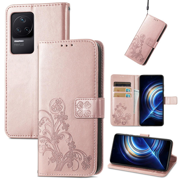 Xiaomi Redmi K50 Pro Four-leaf Clasp Embossed Buckle Leather Phone Case(Rose Gold)