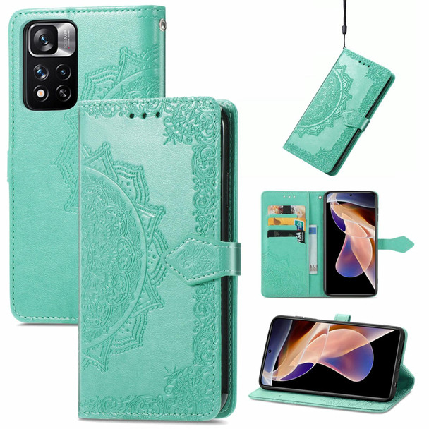 Mandala Flower Embossed Flip Leather Phone Case - Xiaomi Redmi Note 11 Pro / 11 Pro+(Green)