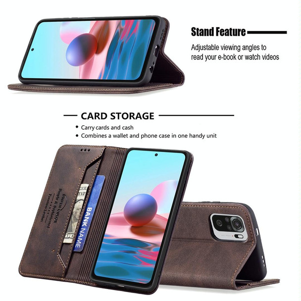 Xiaomi Redmi Note 10 4G / Note 10S Magnetic RFID Blocking Anti-Theft Leather Case with Holder & Card Slots & Wallet(Brown)