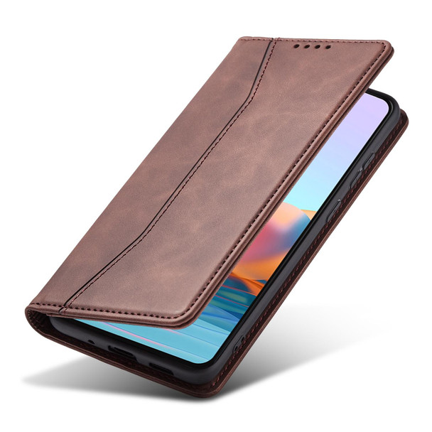 Xiaomi Redmi Note 10 4G Skin-feel Calfskin Texture Magnetic Dual-Fold Horizontal Flip Leather Case with Holder & Card Slots & Wallet(Coffee)