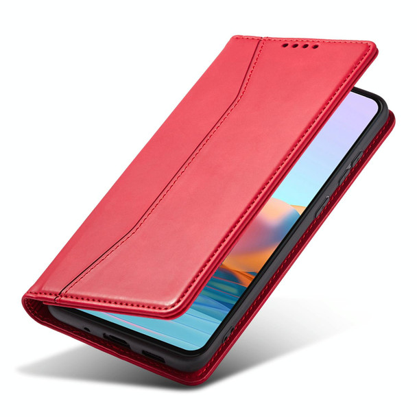 Xiaomi Redmi Note 10 4G Skin-feel Calfskin Texture Magnetic Dual-Fold Horizontal Flip Leather Case with Holder & Card Slots & Wallet(Red)