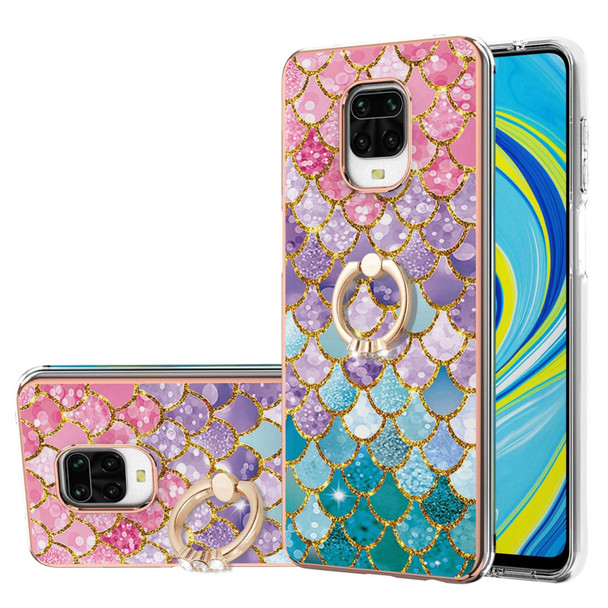 Xiaomi Redmi Note 9S/Note 9 Pro/Note 9 Pro Max Electroplating Pattern IMD TPU Shockproof Case with Rhinestone Ring Holder(Colorful Scales)