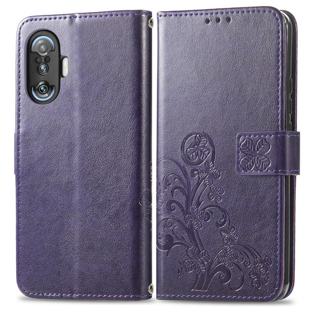 Xiaomi Redmi K40 Gaming /Poco F3 GT Four-leaf Clasp Embossed Buckle Mobile Phone Protection Leather Case with Lanyard & Card Slot & Wallet & Bracket Function(Purple)