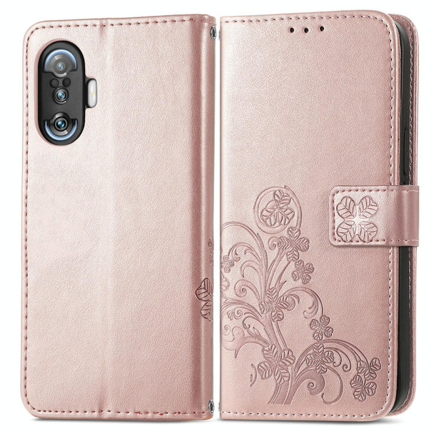 Xiaomi Redmi K40 Gaming /Poco F3 GT Four-leaf Clasp Embossed Buckle Mobile Phone Protection Leather Case with Lanyard & Card Slot & Wallet & Bracket Function(Rose Gold)