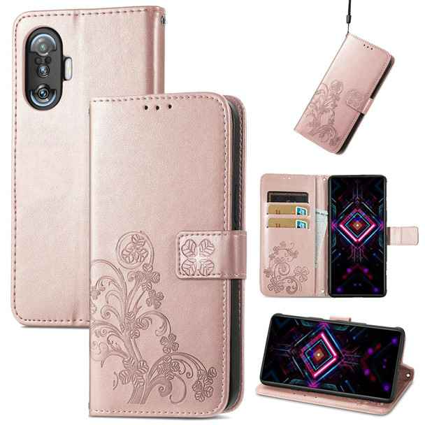 Xiaomi Redmi K40 Gaming /Poco F3 GT Four-leaf Clasp Embossed Buckle Mobile Phone Protection Leather Case with Lanyard & Card Slot & Wallet & Bracket Function(Rose Gold)