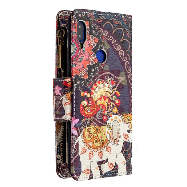 Xiaomi Redmi Note 7 Colored Drawing Pattern Zipper Horizontal Flip Leather Case with Holder & Card Slots & Wallet(Flower Elephants)