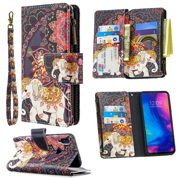 Xiaomi Redmi Note 7 Colored Drawing Pattern Zipper Horizontal Flip Leather Case with Holder & Card Slots & Wallet(Flower Elephants)