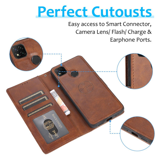 Xiaomi Redmi 9C Calf Texture 2 in 1 Detachable Magnetic Back Cover Horizontal Flip Leather Case with Holder & Card Slots & Wallet & Photo Frame(Brown)