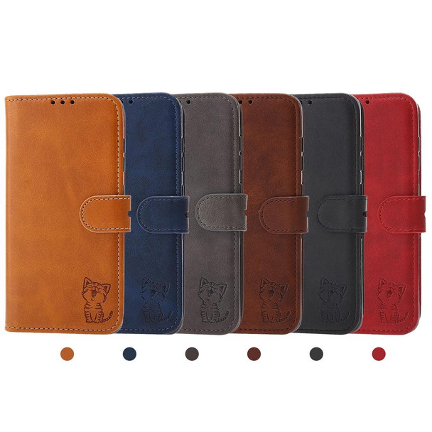 Xiaomi Redmi Note 10 4G Embossed Happy Cat Pattern Horizontal Flip Leather Case with Holder & Card Slots & Wallet(Brown)