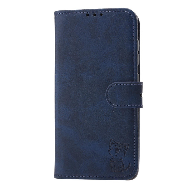 Xiaomi Redmi Note 10 4G Embossed Happy Cat Pattern Horizontal Flip Leather Case with Holder & Card Slots & Wallet(Blue)