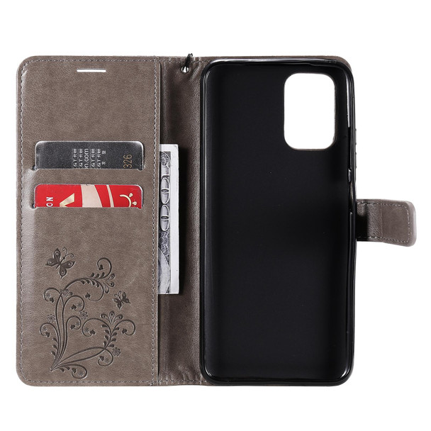 Xiaomi Redmi Note 10 4G Pressed Printing Butterfly Pattern Horizontal Flip PU Leather Case with Holder & Card Slots & Wallet & Lanyard(Gray)