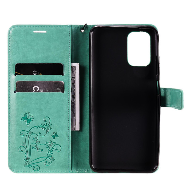 Xiaomi Redmi Note 10 4G Pressed Printing Butterfly Pattern Horizontal Flip PU Leather Case with Holder & Card Slots & Wallet & Lanyard(Green)
