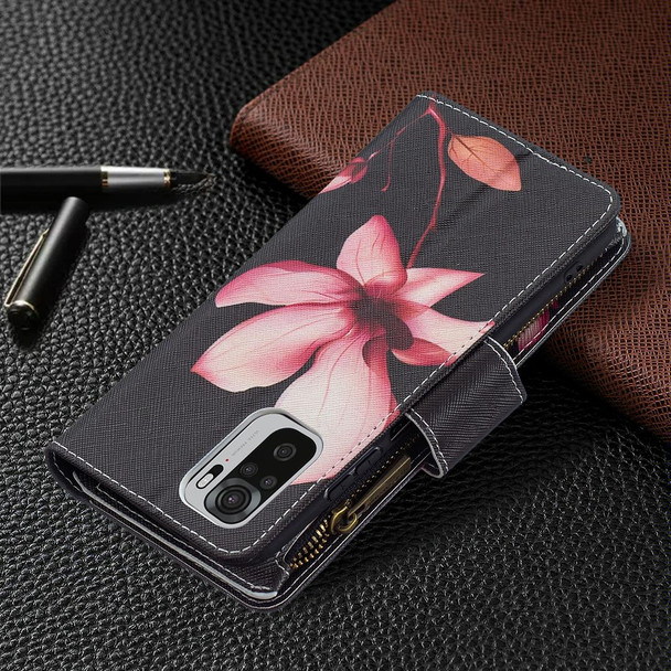 Xiaomi Redmi Note 10 4G Colored Drawing Pattern Zipper Horizontal Flip Leather Case with Holder & Card Slots & Wallet(Lotus)