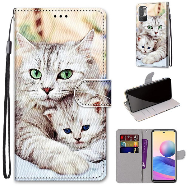 Xiaomi Redmi Note 10 5G Coloured Drawing Cross Texture Horizontal Flip PU Leather Case with Holder & Card Slots & Wallet & Lanyard(Big Cat Holding Kitten)