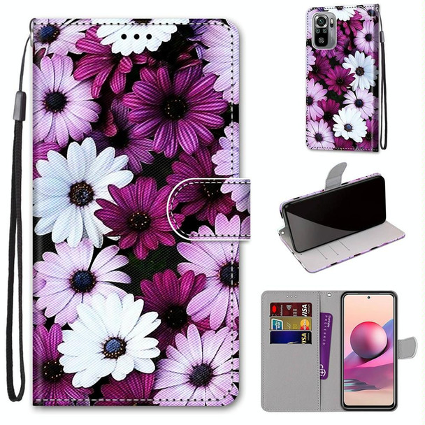 Xiaomi Redmi Note 10 4G / Note 10S Coloured Drawing Cross Texture Horizontal Flip PU Leather Case with Holder & Card Slots & Wallet & Lanyard(Chrysanthemum Pink White Purple)