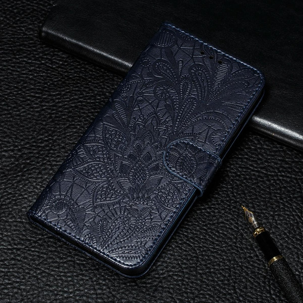 Xiaomi Redmi Note 10 4G Lace Flower Embossing Pattern Horizontal Flip Leather Case with Holder & Card Slots & Wallet & Photo Frame(Dark Blue)