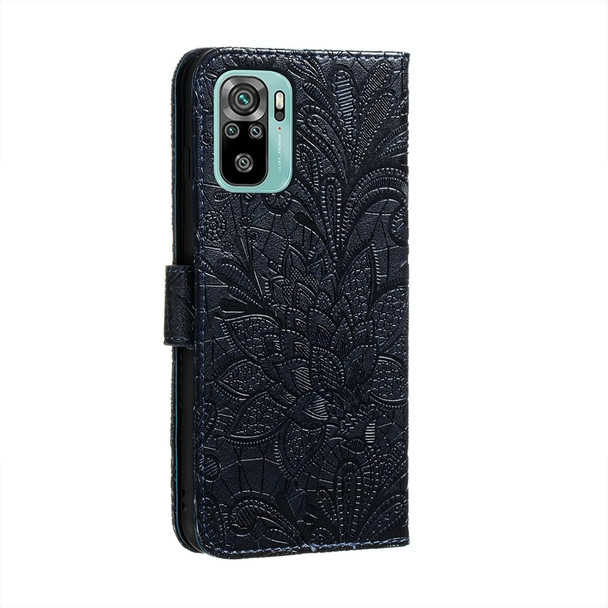 Xiaomi Redmi Note 10 4G Lace Flower Embossing Pattern Horizontal Flip Leather Case with Holder & Card Slots & Wallet & Photo Frame(Dark Blue)