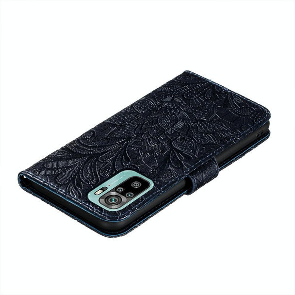 Xiaomi Redmi Note 10 4G Lace Flower Embossing Pattern Horizontal Flip Leather Case with Holder & Card Slots & Wallet & Photo Frame(Dark Blue)