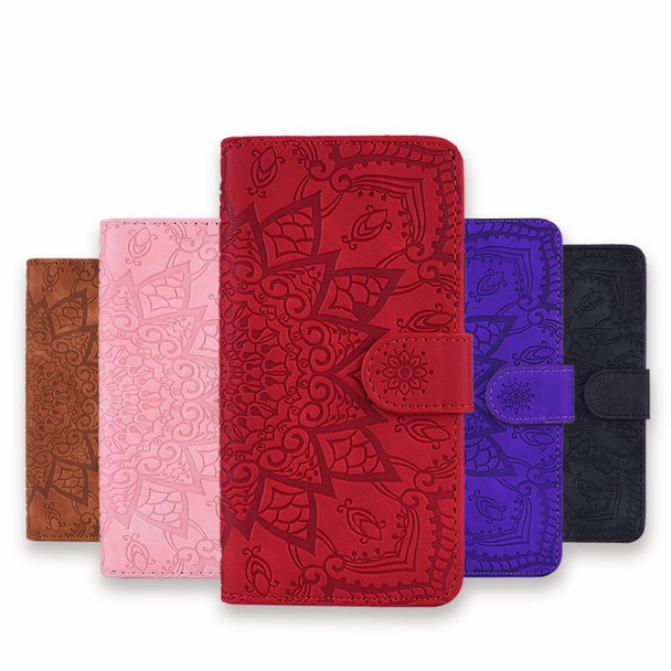 Xiaomi Redmi Note 8 Pro Calf Pattern Mandala Double Folding Design Embossed Leather Case with Wallet & Holder & Card Slots(Red)