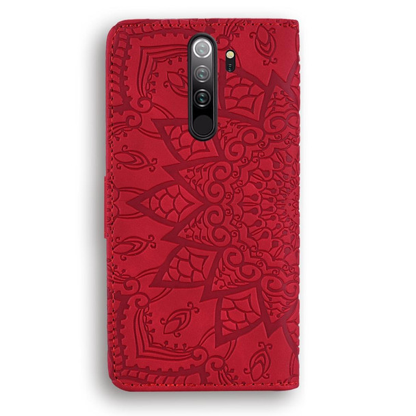 Xiaomi Redmi Note 8 Pro Calf Pattern Mandala Double Folding Design Embossed Leather Case with Wallet & Holder & Card Slots(Red)