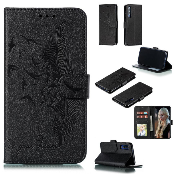 Feather Pattern Litchi Texture Horizontal Flip Leatherette Case with Wallet & Holder & Card Slots - Xiaomi Mi 9 SE(Black)