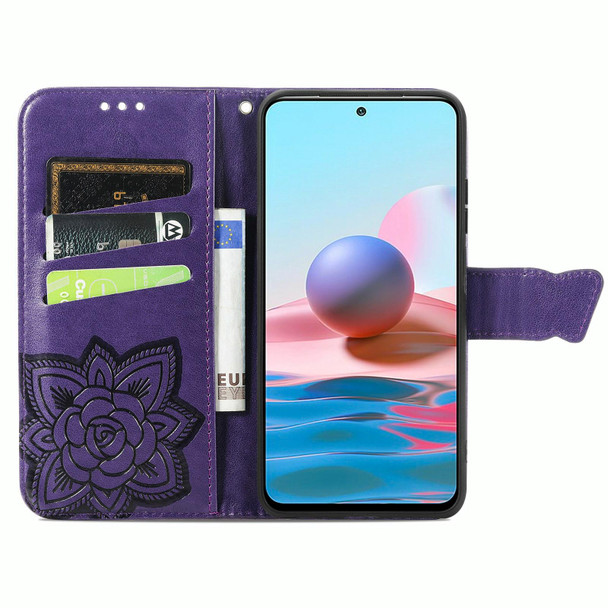 Xiaomi Redmi Note 10 4G Butterfly Love Flower Embossed Horizontal Flip Leather Case with Bracket & Card Slot & Wallet & Lanyard(Dark Purple)