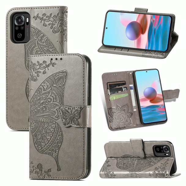 Xiaomi Redmi Note 10 4G Butterfly Love Flower Embossed Horizontal Flip Leather Case with Bracket & Card Slot & Wallet & Lanyard(Gray)