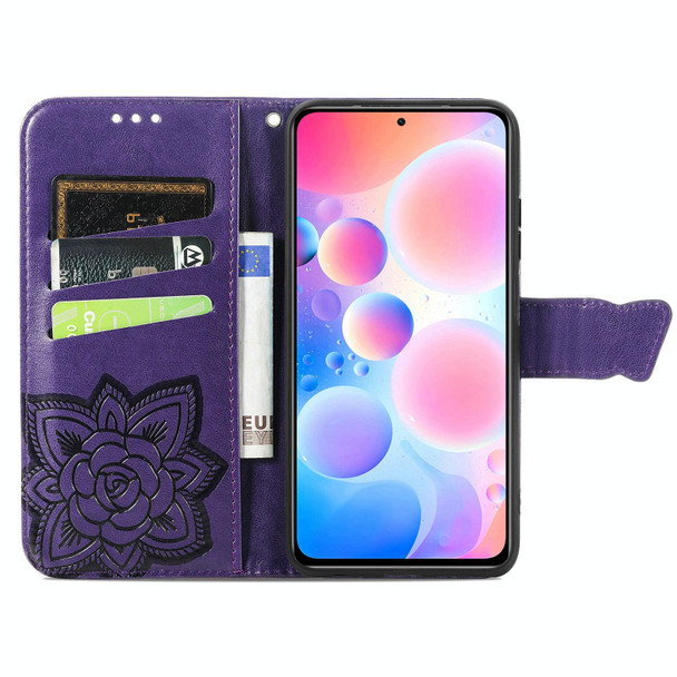 Xiaomi Redmi Note 10 Pro Butterfly Love Flowers Embossed Horizontal Flip Leather Case with Holder & Card Slots & Wallet & Lanyard(Dark Purple)
