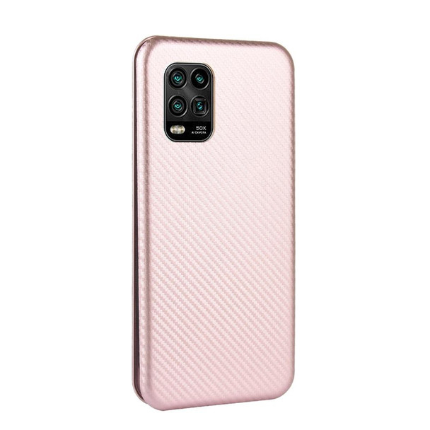 Xiaomi Mi 10 Lite Carbon Fiber Texture Magnetic Horizontal Flip TPU + PC + PU Leather Case with Card Slot(Pink)