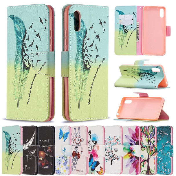 Xiaomi Redmi 9A Colored Drawing Pattern Horizontal Flip Leather Case with Holder & Card Slots & Wallet(Feather Bird)