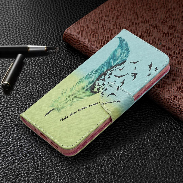 Xiaomi Redmi 9A Colored Drawing Pattern Horizontal Flip Leather Case with Holder & Card Slots & Wallet(Feather Bird)