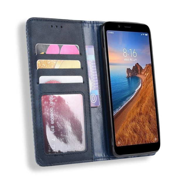 Magnetic Buckle Retro Crazy Horse Texture Horizontal Flip Leather Case for Xiaomi Redmi 7A, with Holder & Card Slots & Photo Frame(Blue)