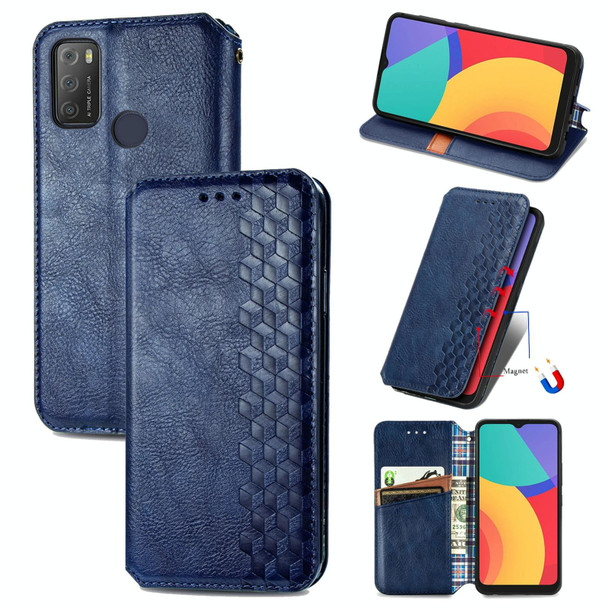 Alcatel 1S 2021 Cubic Grid Pressed Horizontal Flip Magnetic PU Leatherette Case with Holder & Card Slots & Wallet(Blue)