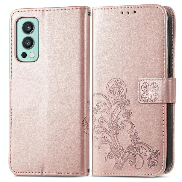 OnePlus Nord 2 5G Four-leaf Clasp Embossed Buckle Mobile Phone Protection Leather Case with Lanyard & Card Slot & Wallet & Bracket Function(Rose Gold)