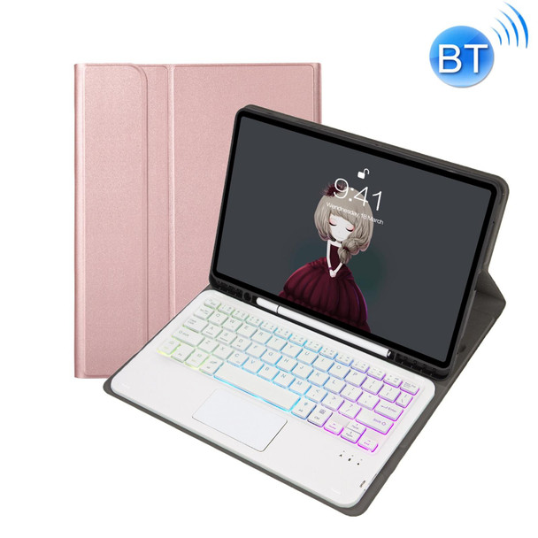 A07B-AS Lambskin Pen Slot Touch Pad Backlight Bluetooth Keyboard Leatherette Tablet Case - iPad 9.7 2018&2017 / Pro 9.7 / Air 2(Rose Gold)