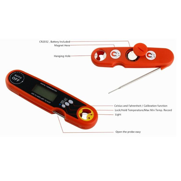 Foldable Probe Waterproof Food Thermometer Kitchen Barbecue Fast Temperature Measurement Digital Display Electronic Thermometer(Red)