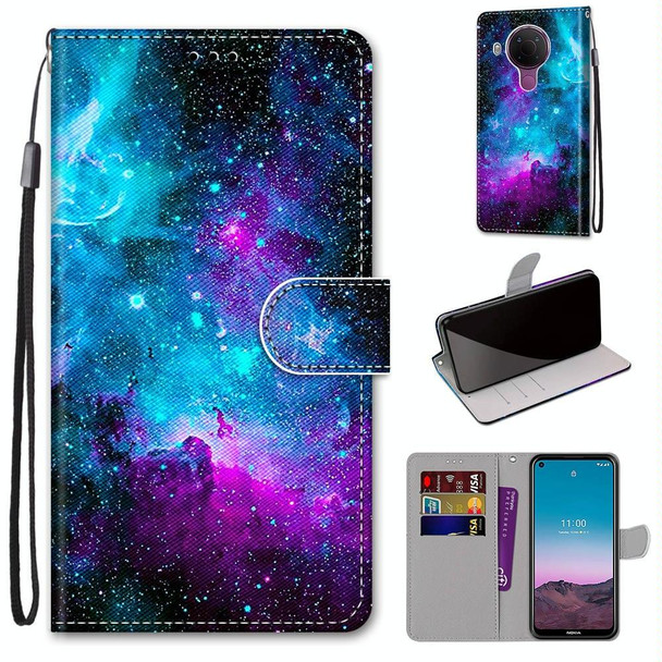 Nokia 5.4 Coloured Drawing Cross Texture Horizontal Flip PU Leather Case with Holder & Card Slots & Wallet & Lanyard(Purple Green Starry Sky)