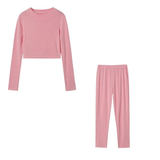 Fall Winter Solid Color Slim Fit Long-sleeved Sweatshirt + Trousers Suit for Ladies (Color:Pink Size:XXL)