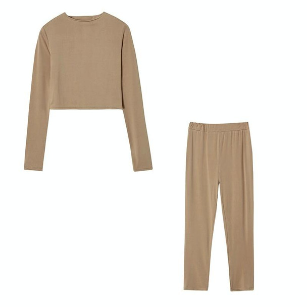 Fall Winter Solid Color Slim Fit Long-sleeved Sweatshirt + Trousers Suit for Ladies (Color:Khaki Size:XXL)