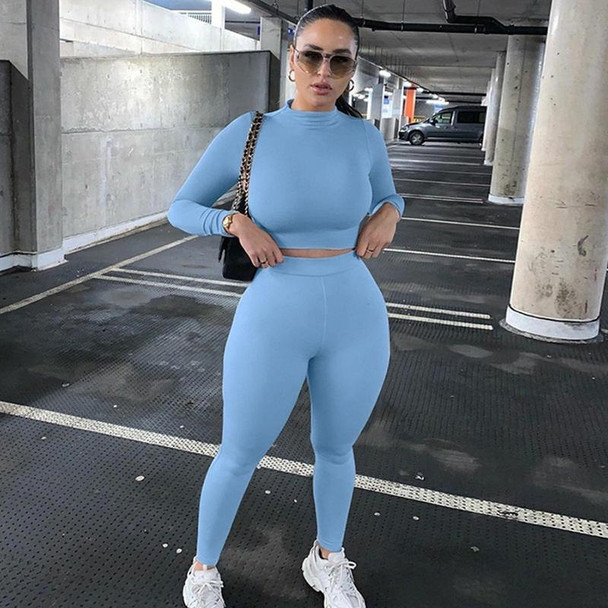 Fall Winter Solid Color Slim Fit Long-sleeved Sweatshirt + Trousers Suit for Ladies (Color:Blue Size:S)