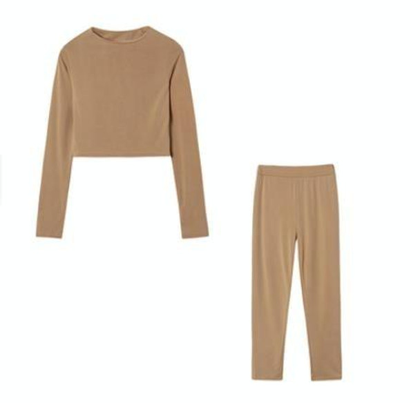 Fall Winter Solid Color Slim Fit Long-sleeved Sweatshirt + Trousers Suit for Ladies (Color:Apricot Size:S)