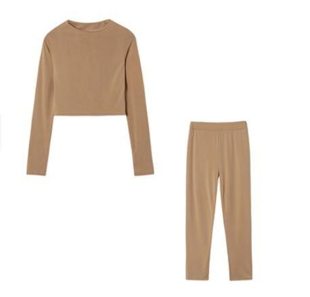 Fall Winter Solid Color Slim Fit Long-sleeved Sweatshirt + Trousers Suit for Ladies (Color:Apricot Size:M)