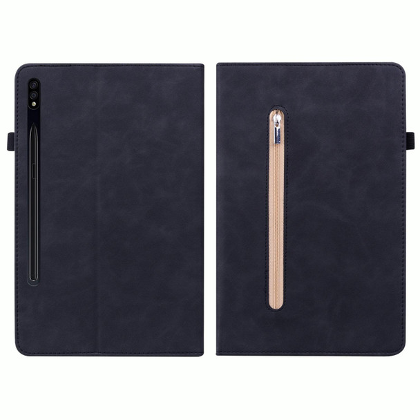 Samsung Galaxy Tab S7 / S8 Skin Feel Solid Color Zipper Leather Tablet Case(Black)