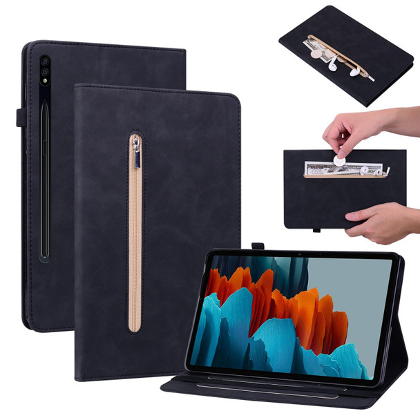 Samsung Galaxy Tab S7 / S8 Skin Feel Solid Color Zipper Leather Tablet Case(Black)