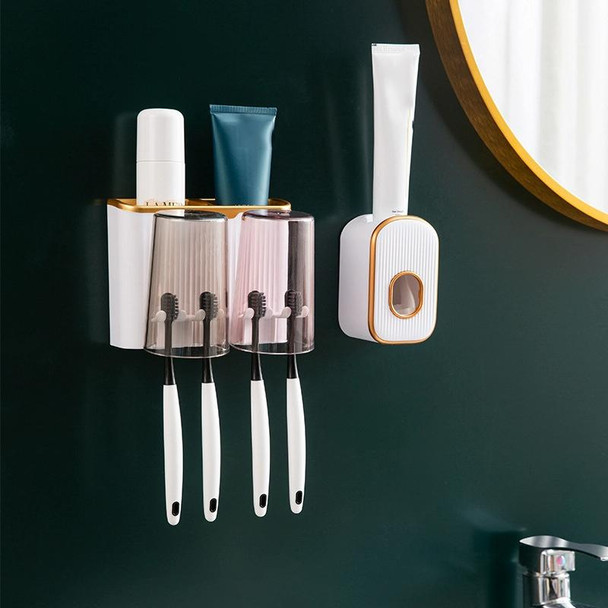 Bathroom Wall-mounted Punch-free Wash Cup Toothbrush Rack Squeeze Toothpaste Set Two Golden(With Squeezer)