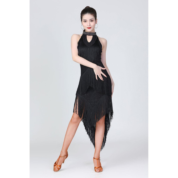 Halter Neck Irregular Tassel Latin Dance Dress Competition Performance Suit With Separate Bottoms (Color:Black Size:XL)